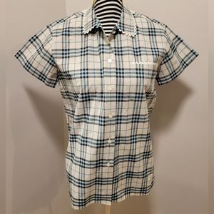 Burberry Cotton Tan/Green Plaid Short Sleeve Button Down Collared Blouse